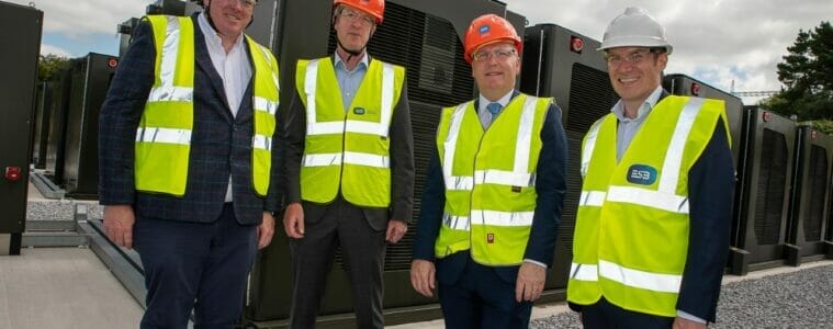 Pictured (left to right) is James Cafferty, Managing Director, Powercomm Group, Paddy Hayes, ESB Chief Executive, Minister for Public Expenditure and Reform, Michael McGrath TD and Paul McCusker, Fluence President of EMEA at the official opening of a major battery plant at Aghada Power Station, Whitegate, East Cork which will add 19MW (38MWh) of fast-acting energy storage to help provide grid stability and deliver more renewables on Ireland’s electricity system. Picture by John Allen.