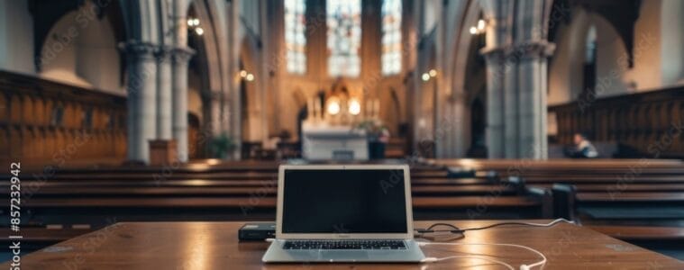 Laptop on Table in Empty Church for Online Service