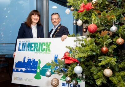 Michelle Gallagher, CEO of Limerick Chamber and John Moran, Mayor of Limerick at the launch of the Limerick Gift Card.