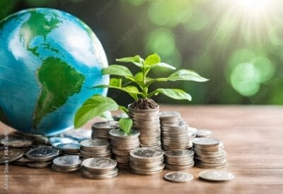 A globe displaying a world map alongside coins, with seedlings sprouting on it. Symbolizing green finance, sustainable investment, carbon credits, and savings.