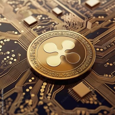 A closeup shot of a golden Ripple XRP cryptocurrency coin on a circuit board, symbolizing digital currency and blockchain technology innovation in the realms of finance and investment