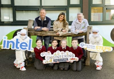 STEPS Engineers Week 2025: Inspiring the Engineers of the Future(back row, l-r) Tom Kinch, Engineering Manager, Intel Ireland; Sally Al Mashadani, Lithography Process Engineer, Intel Ireland and Damien Owens, Director General of Engineers Ireland visit (front row l-r) Esme, Alexandra, Jack, Orlagh, Teddy and Cillian, 3rd class students at Scoil Mhuire National School, Leixlip