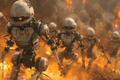 A battle against an army of machines controlled by a malevolent AI intent on exterminating humanity.