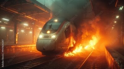 The ablaze train engine, a surreal sight at the heart of the railway station platform, a disaster that brings chaos and confusion to the realm of passenger transit.